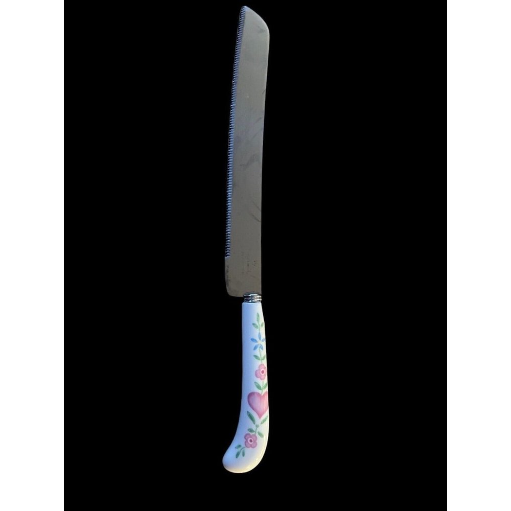 Hallmark Stainless Steel Cake Knife Porcelain Pink Hearts ￼VTG Party Baking